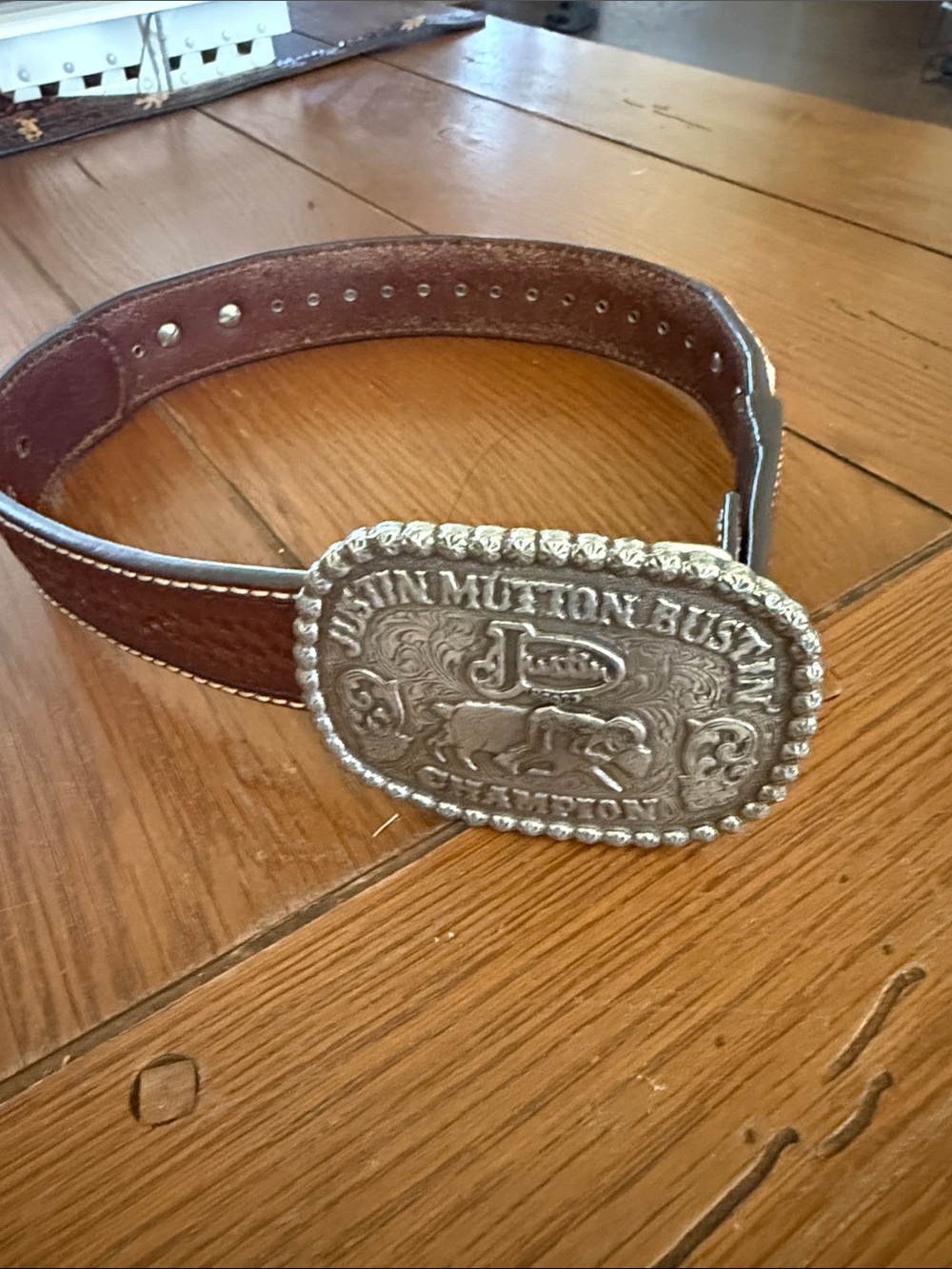 Justin Boots Brown Leather Belt with Silver Western Rodeo Buckle